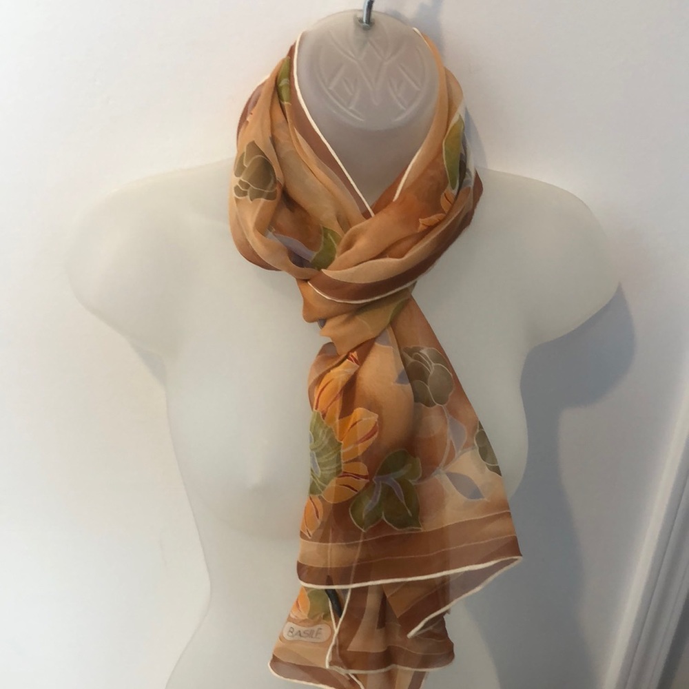 VTG BASILE Silk Floral Gauze Rectangular oblong scarf 1980’s EC